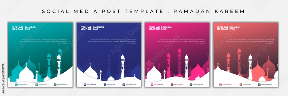 Ramadan kareem template for social media post with mosque design. set of social media post with multi color choice. arabic text mean is welcome ramadan.