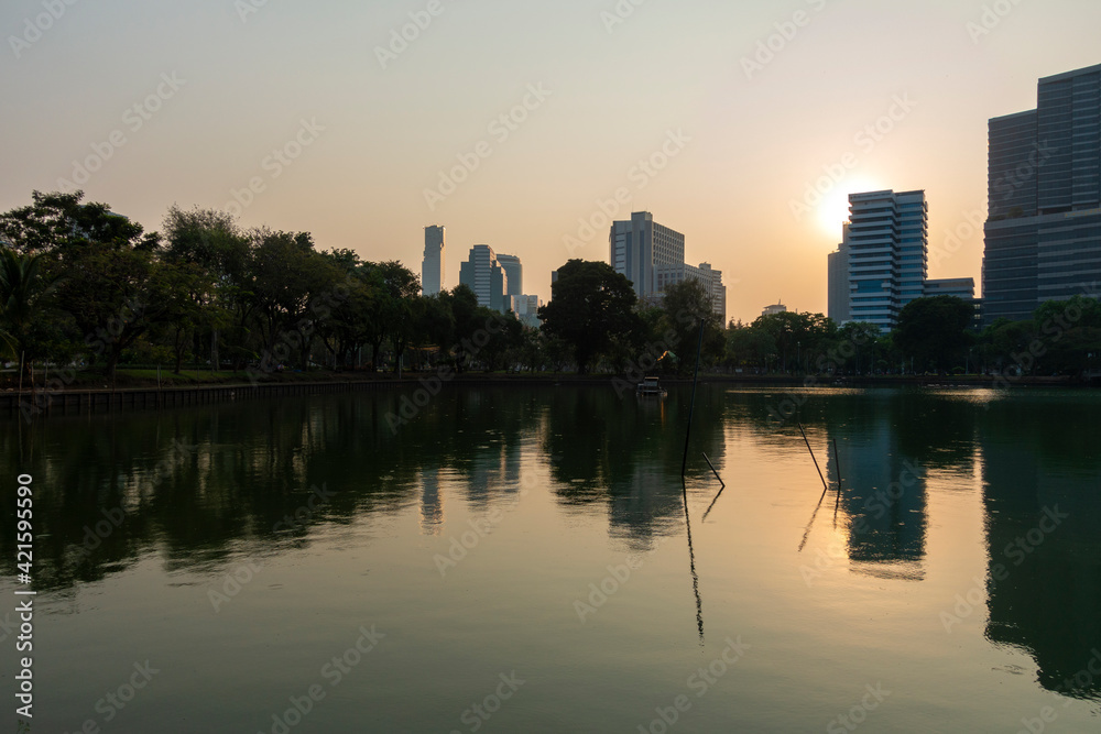 Tall buildings in the city with the evening sun