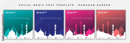 Ramadan kareem template for social media post with mosque design. set of social media post with multi color choice. arabic text mean is welcome ramadan.
