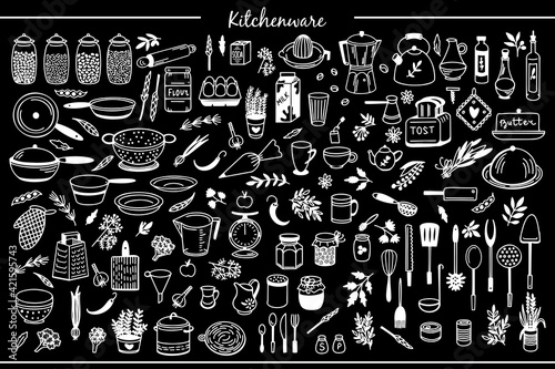 Kitchenware Vector set. Tool and ware collection. Hand drawn, doodle cooking icons. Cookware chalkboard. Template, banner for design, menu, restaurant, cafe, bakery, wallpaper, recipe card, cookbook. 