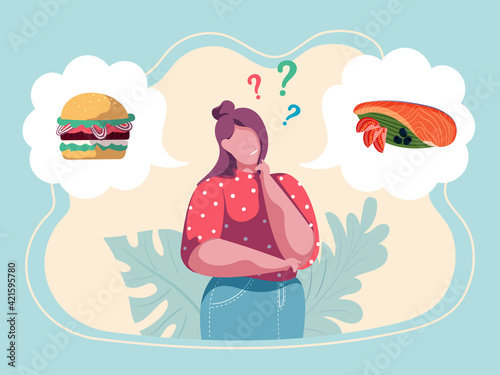 Woman choosing menu. Girl making a decision what to eat. Healthy vs unhealthy. Junk food versus balanced food. Nutrition. Colorful vector illustration. Flat cartoon style.