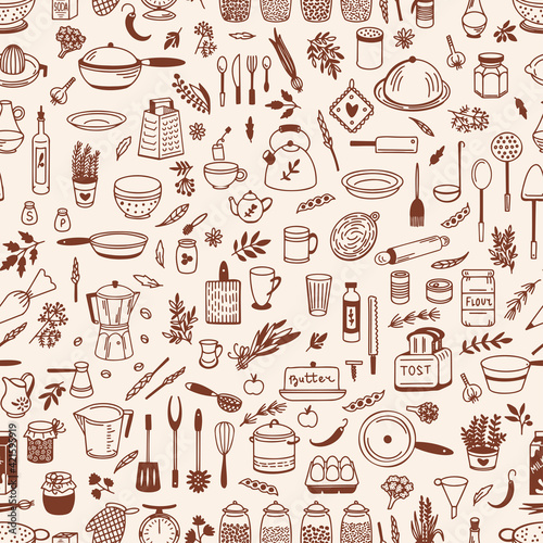 Kitchenware Vector pattern. Tool and ware collection. Hand drawn, doodle cooking icon. Cookware element. Template, banner for design, menu, restaurant, cafe, bakery, wallpaper, recipe card, cookbook. 