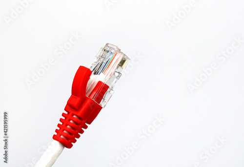 LAN network connection Ethernet RJ45 cabl on white background.           photo