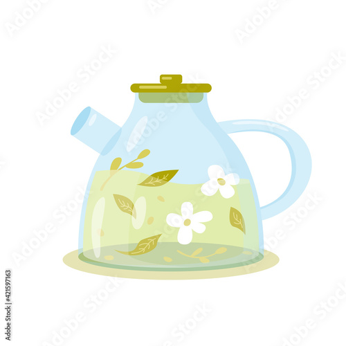 Drink. Glass teapot. Herbal medicinal tea. Vector illustration, clip-art