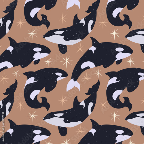 Seamless pattern with orca whales and stars on beige background