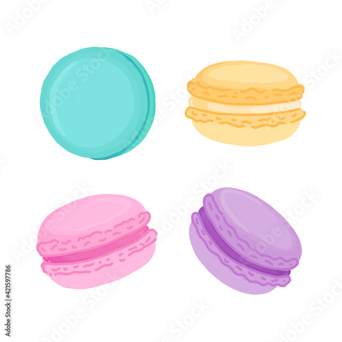 Set of multicolored macaroons isoleted on white background. Macaroon - French confection of egg whites, icing sugar, ground almonds and food coloring. 
