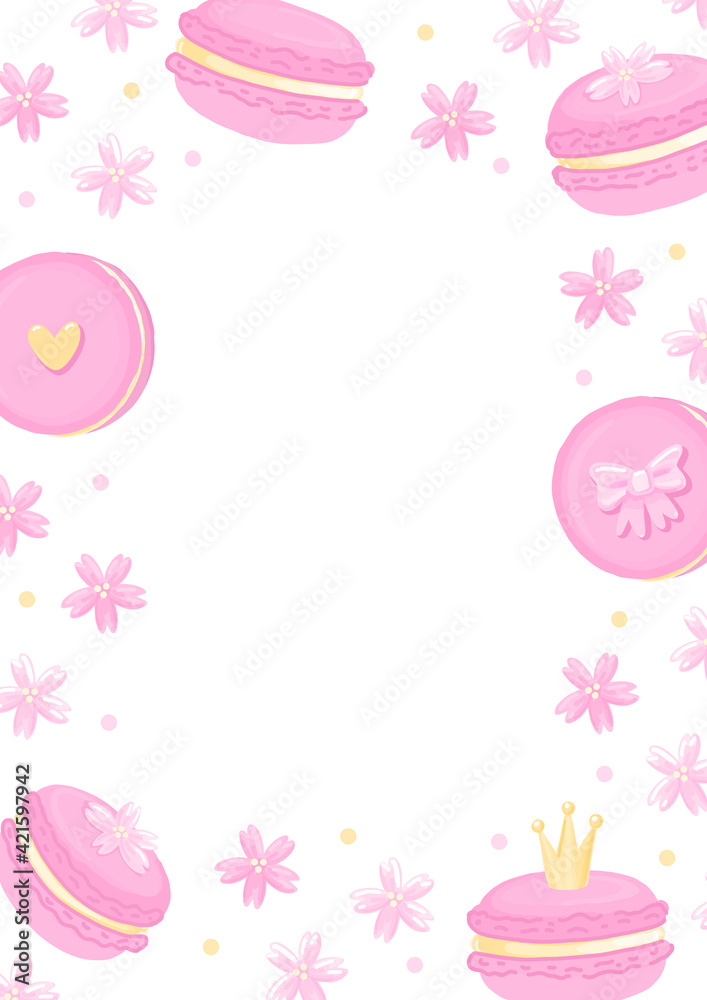 Frame of cute macaroons with crown, sakura flowers, bow and heart. Macaroon - French confection of egg whites, icing sugar, ground almonds. Beautiful illustration for decor, cards, invitations etc.