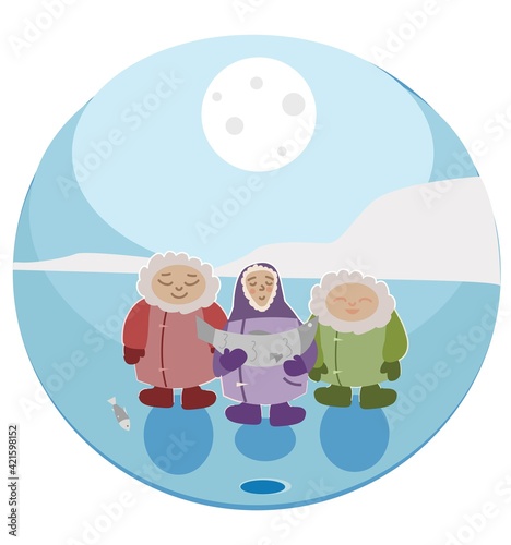 Cute vector eskimos children on a fishing trip,  winter fishing and rest. Flat illustration. 