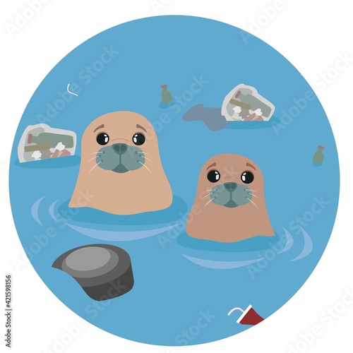 Two baby seal in pollute water with litter, ecology in danger, arctic animal . Save the earth. Our choose is zero waste