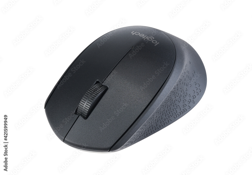 Foto Stock Belarus, Minsk-15.10.2020.Logitech M280 Wireless Mouse  isolated.Ergonomic Logitech wireless mouse with USB receiver. | Adobe Stock