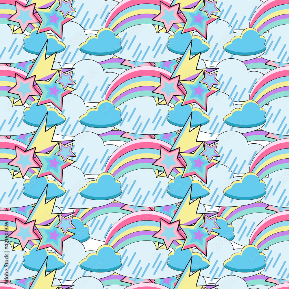 Nursery seamless pattern. Fantasy pattern with rainbow unicorns, flowers, comets and stars. Colorful bright vector background.