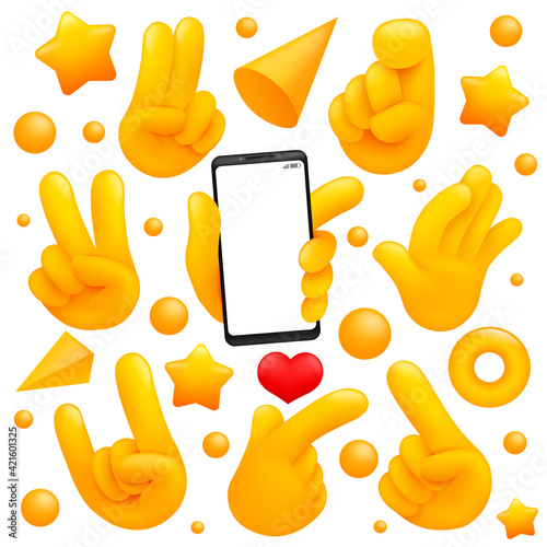 Collection of various emoji yellow hand symbols with smartphone, victory, goodbye signs and other gestures. 3d cartoon style. Vector illustration