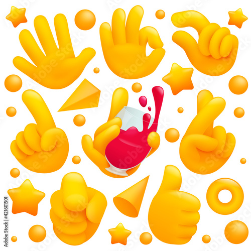 Collection of various emoji yellow hand symbols with wineglass, thubs up sign and other gestures. 3d cartoon style.