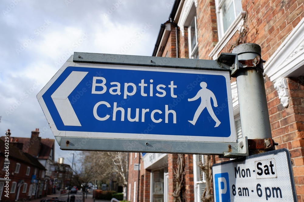 Direction sign to Baptist church