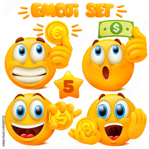 Set of yellow emoji icons Emoticon cartoon character with different facial expressions in 3d style isolated in white background. Dollar, Eoro and bitcoin coins. Part 5