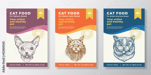 Cat Food Label Templates Set. Abstract Vector Packaging Design Layouts Collection. Typography Banners with Hand Drawn Sphynx, British Shorthair and Maine Coon Breeds Sketch Faces Background. Isolated