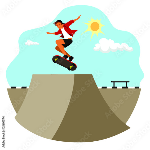 Modern urban skateboard park illustration. Man in casual clothes skateboarding and showing exciting tricks with his skate. Sports activities in the summer. 