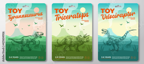 Dinosaur Toys Labels Template Set. Abstract Vector Packaging Design Layouts Collection. Modern Typography with Prehistoric Volcano Landscape and Hand Drawn Dinosaurus Sketch Background. Isolated