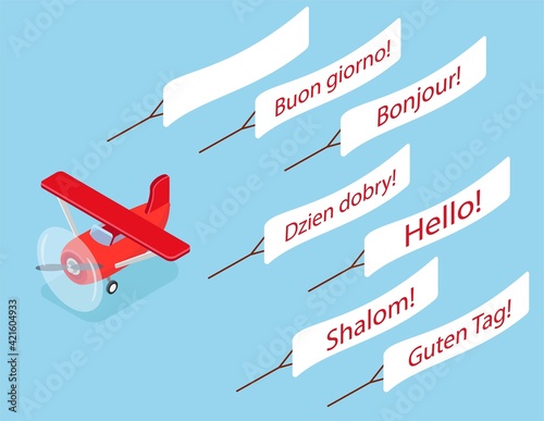 Red isometric plane vector flat template object. Aircraft Flying plane on sky banner. Isometric air transport. Vector illustration isolated on white background. Differents greetings in many languages