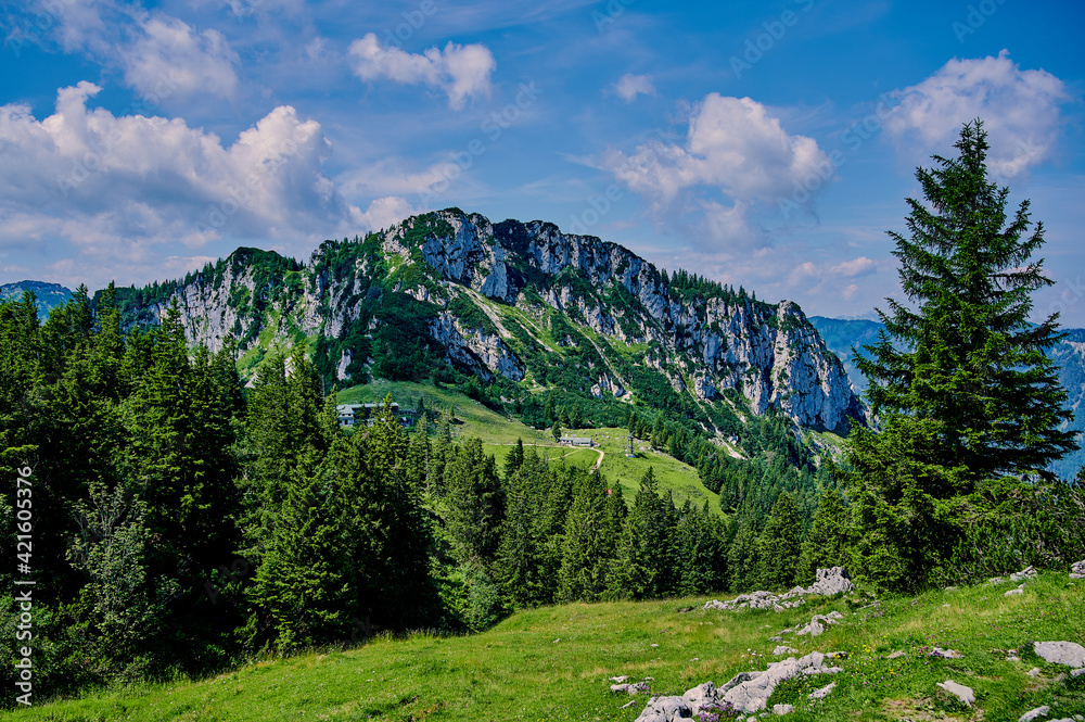 view to alpine mountains from hiking path to the Kampenwand, Bavaria, Germany
