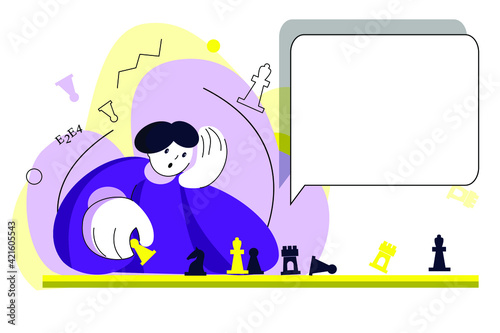 Man play chess illustration on white backgroynd with frame for own text. Yellow and violet colors. For site, banner, chess school. Vextor, EPS10.