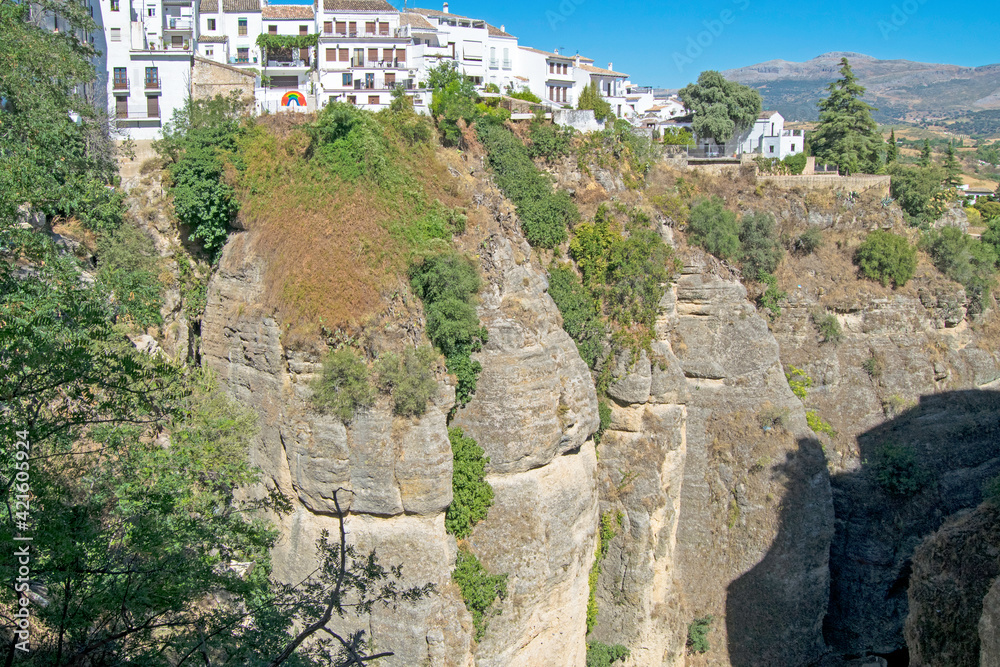 Ronda view from below of the large rocks o cliffs, Malaga, Andalusia, Spain