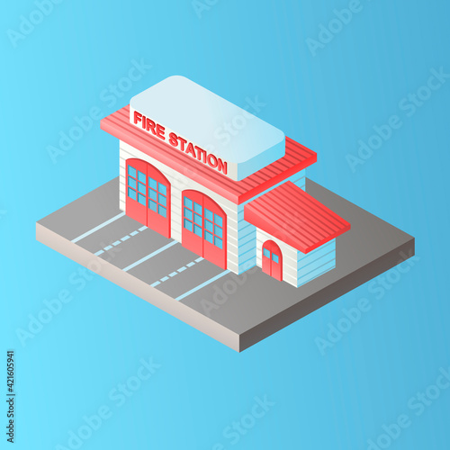 Vector isolated image in isometric style. Volumetric fire station building, architecture and the concept of a modern city. Design decorative elements on the theme of modern life.