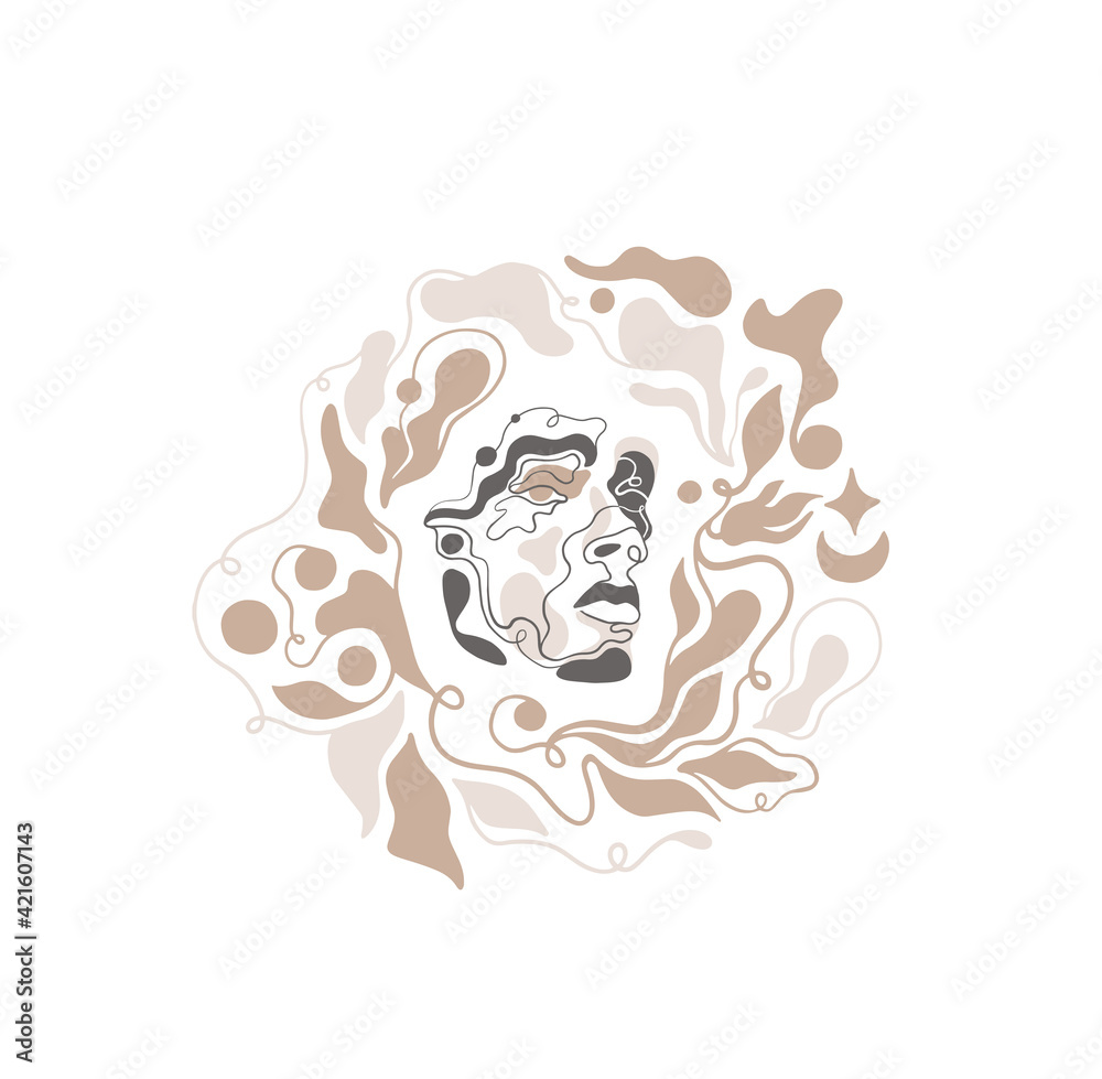 Boho multicultural woman abstract face lines.Hand drawn.Art for an exhibition: music, literature or painting.Vector illustrations of shapes, portraits of people.Continuous line.nature floral