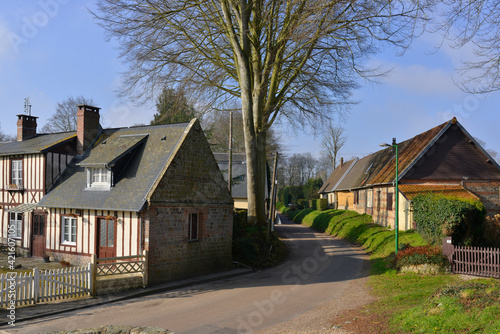 Rue de la Mairie entre les maisons normandes de La Chapelle-sur-Dun (76740), département de Seine-Maritime en région Normandie, France