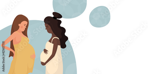Beautiful bright banner about childbirth, motherhood, support during unplanned pregnancy. Black and white women communicate.  Concept template for artificial insemination, pregnancy management