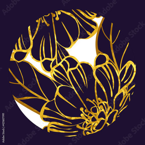 Luxury lotus vector background with gold metal ornament. Imitation of foil texture. Ideal for banners, flyers, backgrounds, prints, invitations, fabrics. EPS10