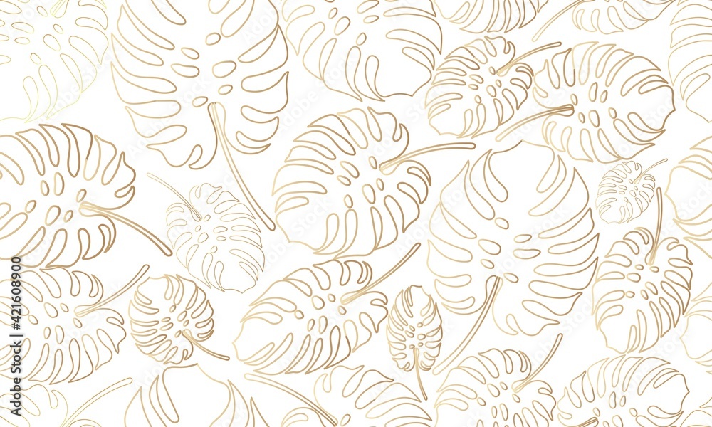 Seamless pattern of golden tropical leaf. Hand drawing. Vector illustration.
