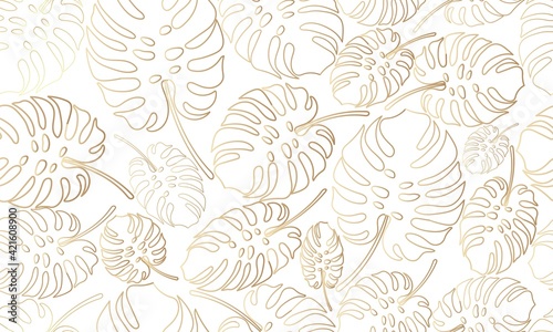 Seamless pattern of golden tropical leaf. Hand drawing. Vector illustration.