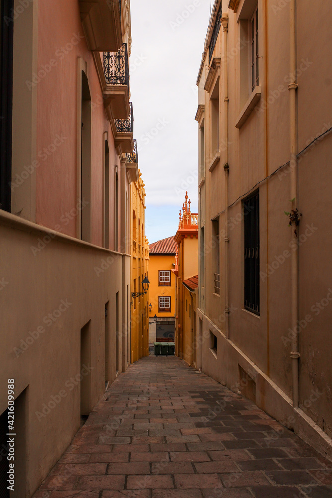 Fototapeta premium Tenerife. Colourful houses and house with unusual balconies on street in Puerto de la Cruz town, Tenerife, Canary Islands, Spain