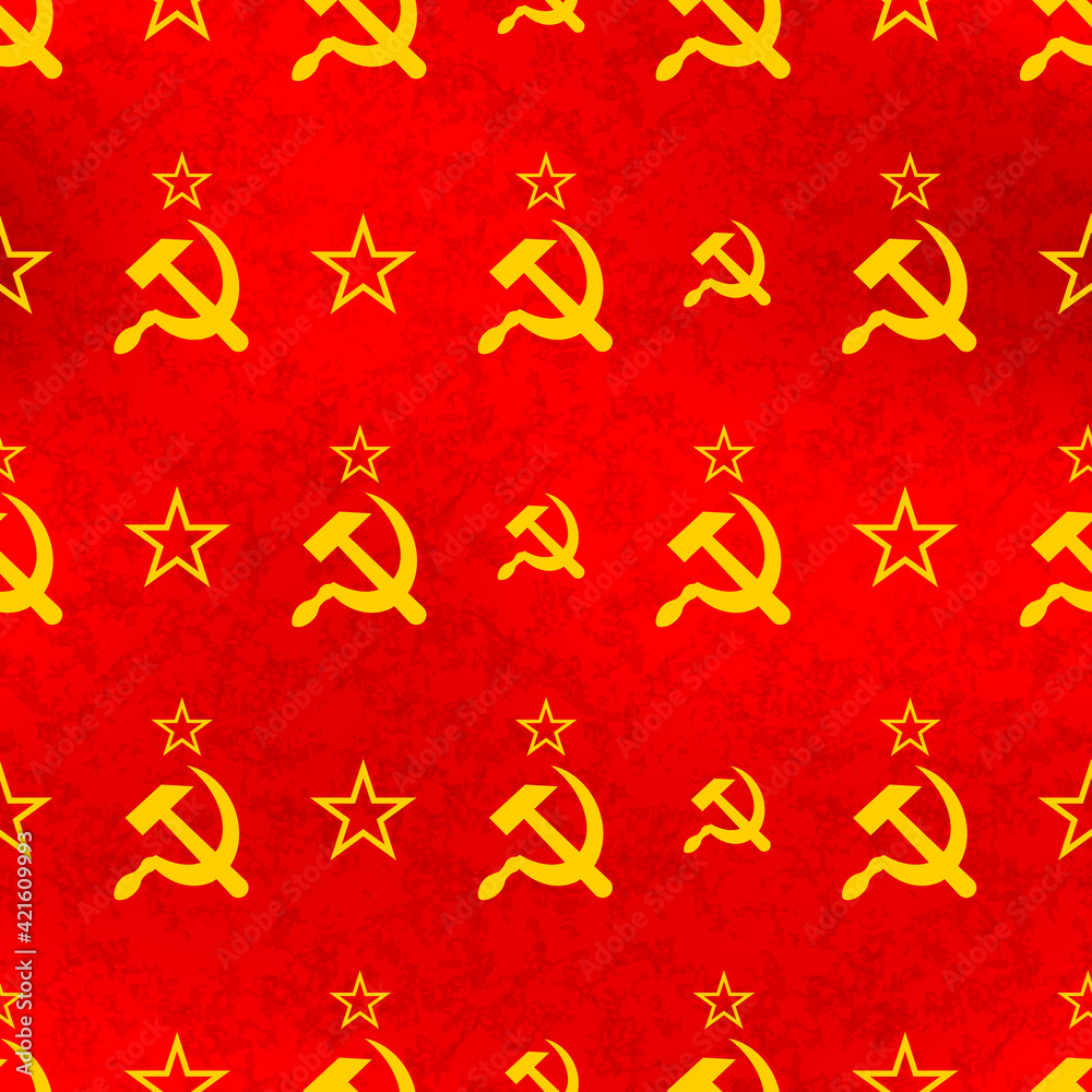 Soviet sickle and hammer symbol on red, communist USSR flag seamless pattern