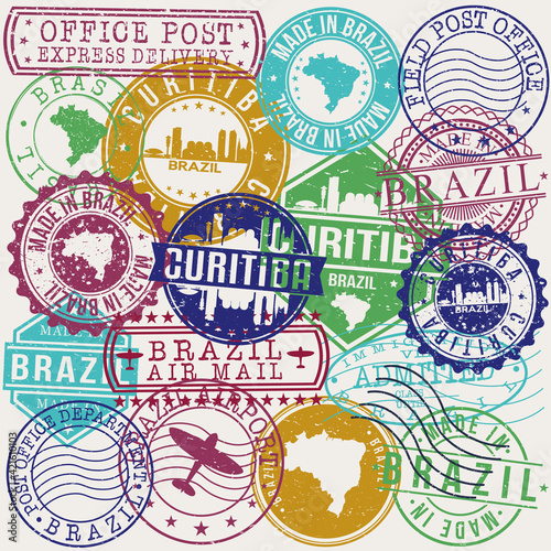 Curitiba Brazil Set of Stamps. Travel Stamp. Made In Product. Design Seals Old Style Insignia.
