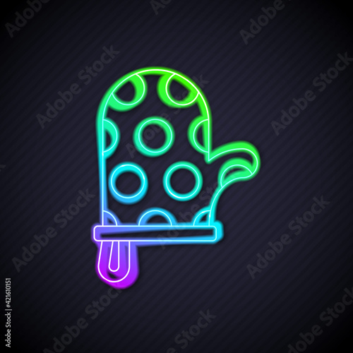 Glowing neon line Oven glove icon isolated on black background. Kitchen potholder sign. Cooking glove. Vector
