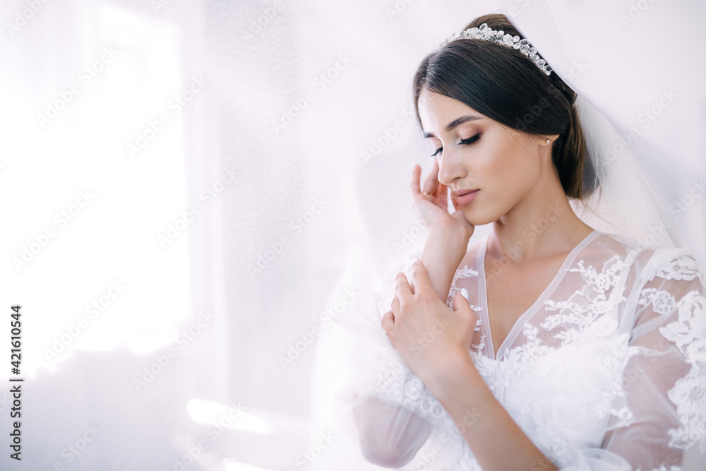 tender girl bride with wedding hairstyle and makeup prepare for the ceremony. tender girl bride with wedding hairstyle and makeup prepare for the ceremony.