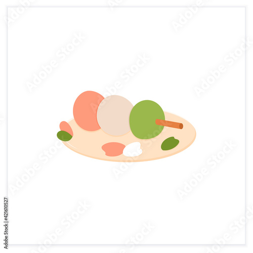 Sanshoku dango flat icon. Rice balls or dumplings on stick.Traditional dish.Spring Japanese food concept. Vector illustration