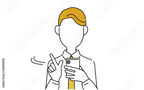 顔なしのポーズイラスト、サラリーマンの上半身、スマホで調べもの
