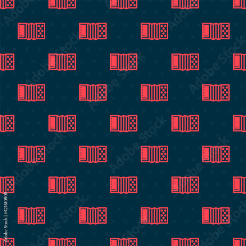Red line Musical instrument accordion icon isolated seamless pattern on black background. Classical bayan, harmonic. Vector