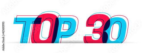 Top 30 sign. Overlapped red-blue letters isolated on a white background. Vector illustration.