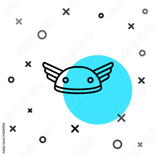 Black line Helmet with wings icon isolated on white background. Greek god Hermes. Random dynamic shapes. Vector