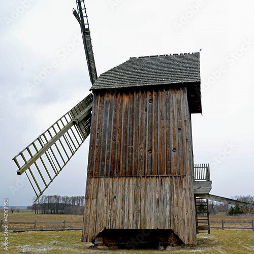 wooden mill, a koźlak windmill located near the village of wood in mazovia, poland March 2021 snowfall