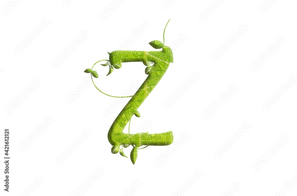 Fototapeta premium Green leaf letter , garden eco friendly alphabet, isolated design element, 3d illustration font, fresh green garden