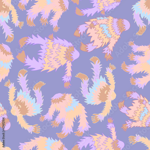 Vector seamless colorful pattern cryptozoology dancing yeti in pastel colors on purple