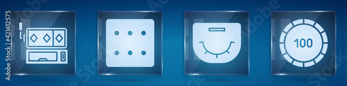 Set Slot machine, Game dice, Poker table and Casino chips. Square glass panels. Vector
