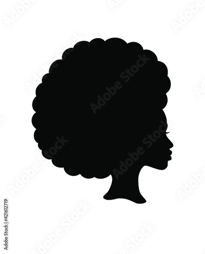 Black Afro African American girl woman lady vector portrait profile head face silhouette with natural hair puff hairstyle drawing illustration.Laser plotter cutting.Logo for beauty salon.T shirt print