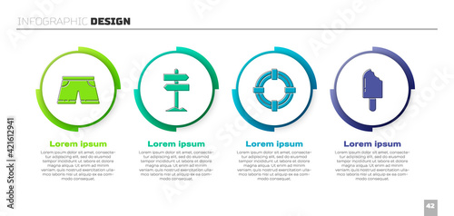 Set Swimming trunks, Road traffic signpost, Lifebuoy and Ice cream. Business infographic template. Vector