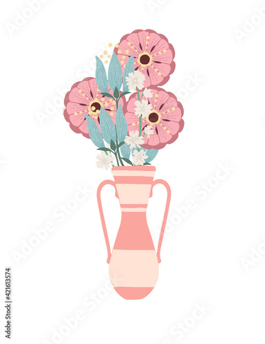 Bouquet of different flowers in clay jug decorative colorful floral collection with leaves vector illustration isolated on white background © Alfmaler
